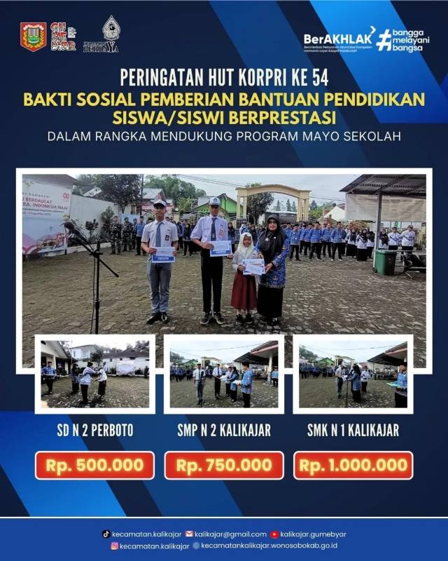 PERINGATAN HUT KOPRI KE-54 BAKTI SOSIAL PEMBERIAN BANTUAN PENDIDIKAN SISWA SISWI BERPRESTASI DALAM RANGKA MENDUKUNG PROGRAM MAYO SEKOLAH